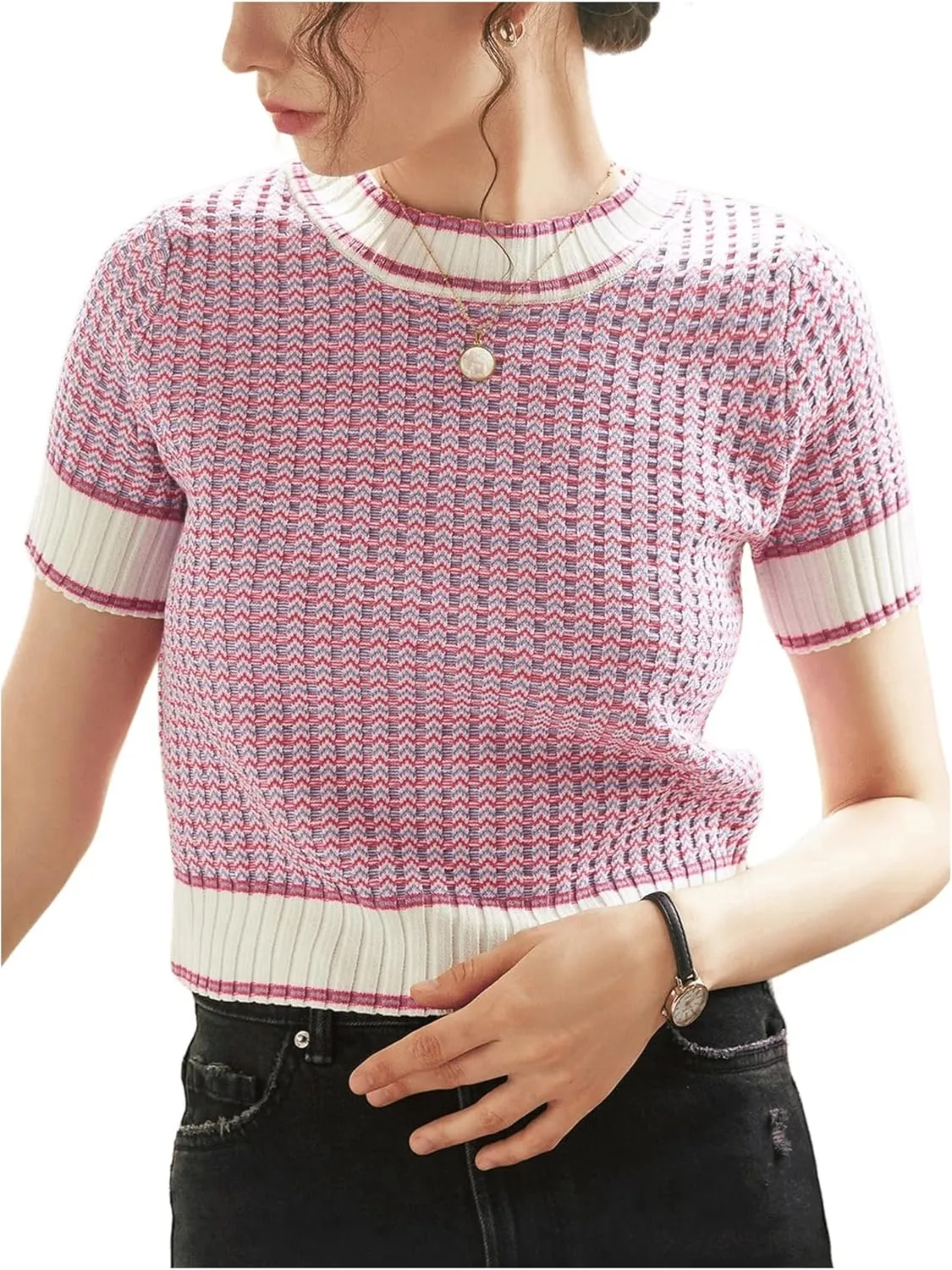GORGLITTER Women's Colorblock Short Sleeve Sweater Ribbed Knit Striped Round Neck Pullover Tops