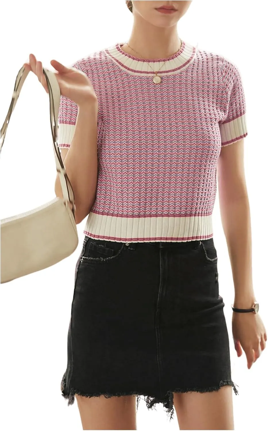 GORGLITTER Women's Colorblock Short Sleeve Sweater Ribbed Knit Striped Round Neck Pullover Tops