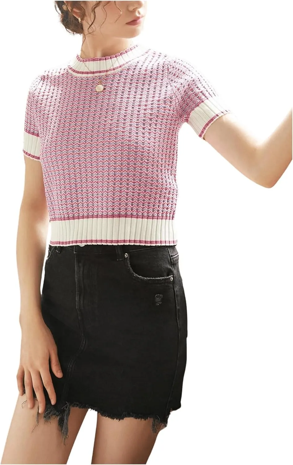 GORGLITTER Women's Colorblock Short Sleeve Sweater Ribbed Knit Striped Round Neck Pullover Tops