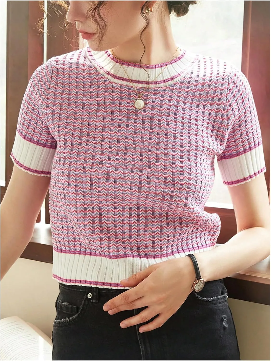 GORGLITTER Women's Colorblock Short Sleeve Sweater Ribbed Knit Striped Round Neck Pullover Tops