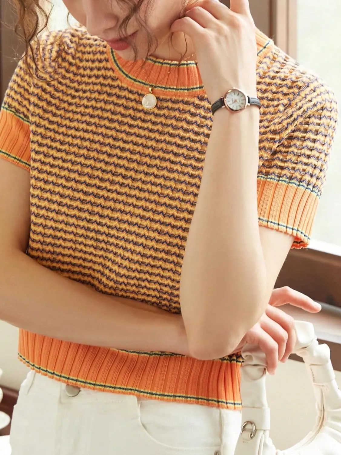 GORGLITTER Women's Colorblock Short Sleeve Sweater Ribbed Knit Striped Round Neck Pullover Tops
