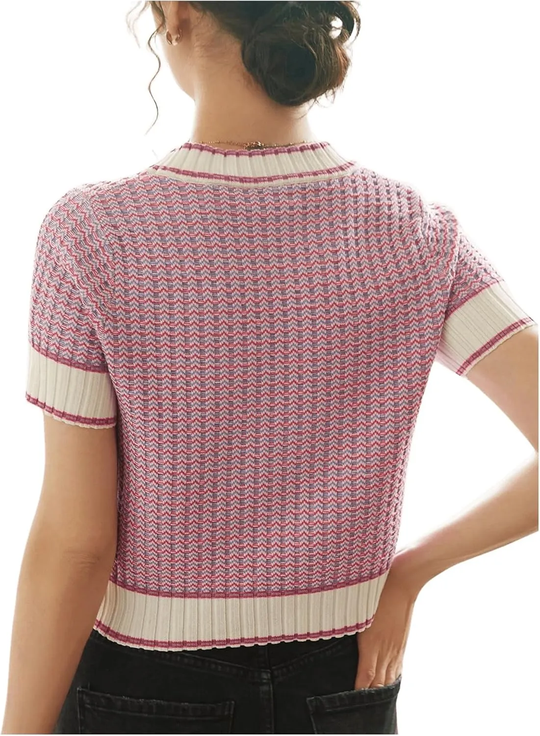 GORGLITTER Women's Colorblock Short Sleeve Sweater Ribbed Knit Striped Round Neck Pullover Tops