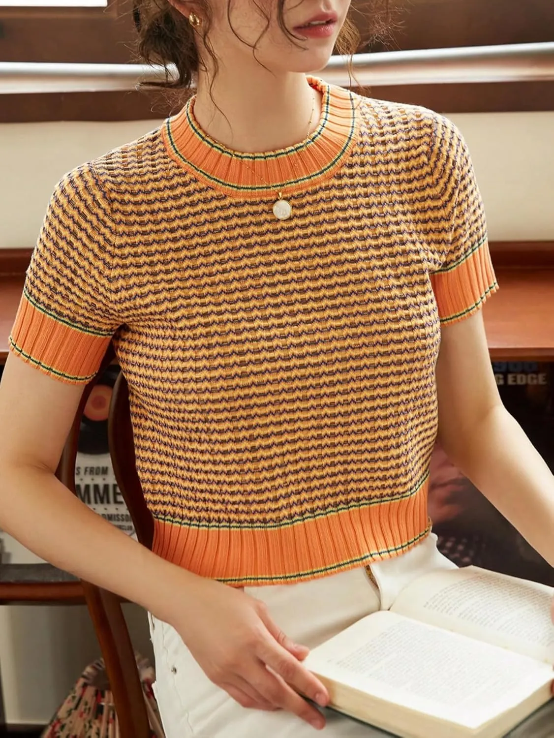 GORGLITTER Women's Colorblock Short Sleeve Sweater Ribbed Knit Striped Round Neck Pullover Tops