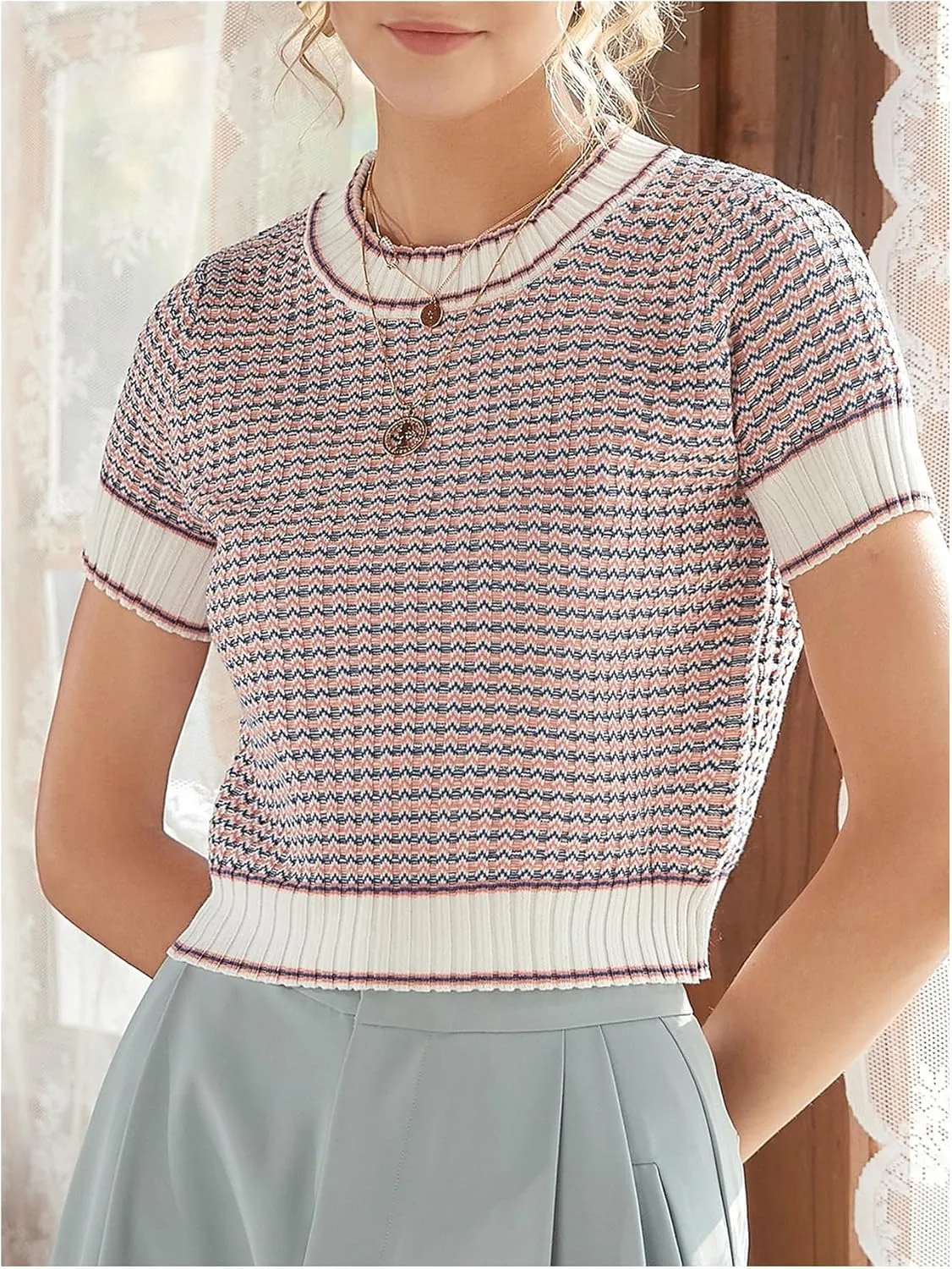 GORGLITTER Women's Colorblock Short Sleeve Sweater Ribbed Knit Striped Round Neck Pullover Tops