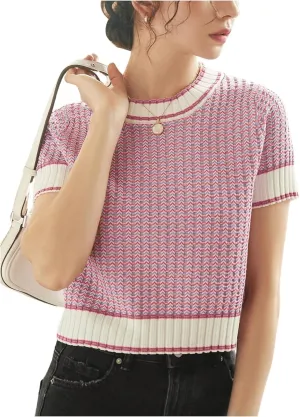 GORGLITTER Women's Colorblock Short Sleeve Sweater Ribbed Knit Striped Round Neck Pullover Tops