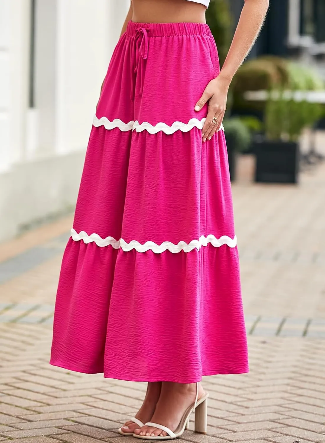 Happy Sailed Womens Boho Maxi Skirts Colorblock Wave Striped Elastic High Waist A Line Flowy Long Skirts with Pockets