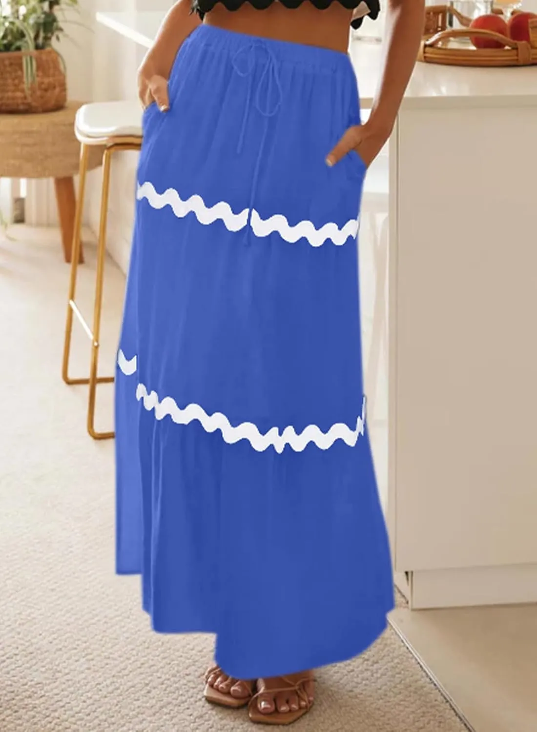 Happy Sailed Womens Boho Maxi Skirts Colorblock Wave Striped Elastic High Waist A Line Flowy Long Skirts with Pockets