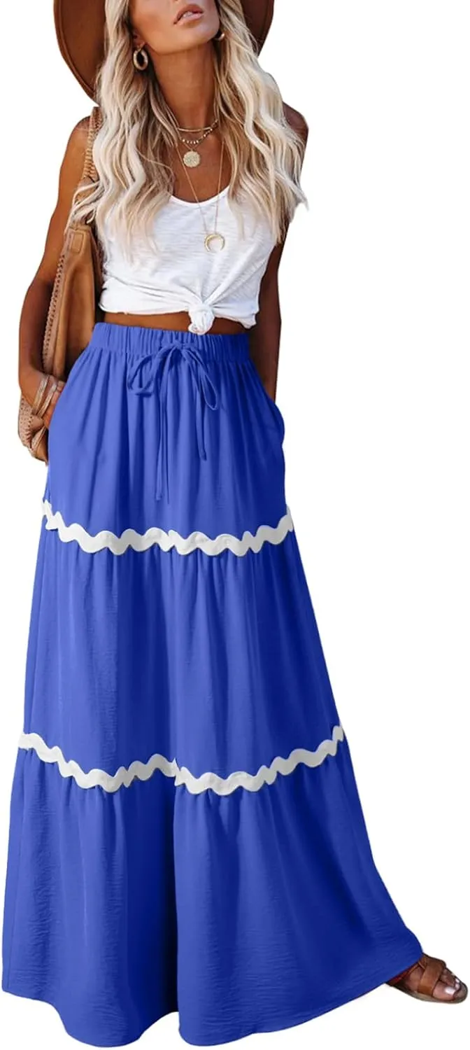 Happy Sailed Womens Boho Maxi Skirts Colorblock Wave Striped Elastic High Waist A Line Flowy Long Skirts with Pockets