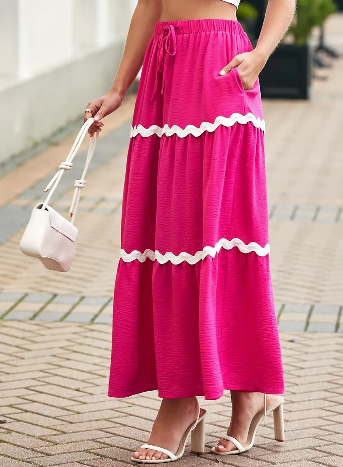 Happy Sailed Womens Boho Maxi Skirts Colorblock Wave Striped Elastic High Waist A Line Flowy Long Skirts with Pockets