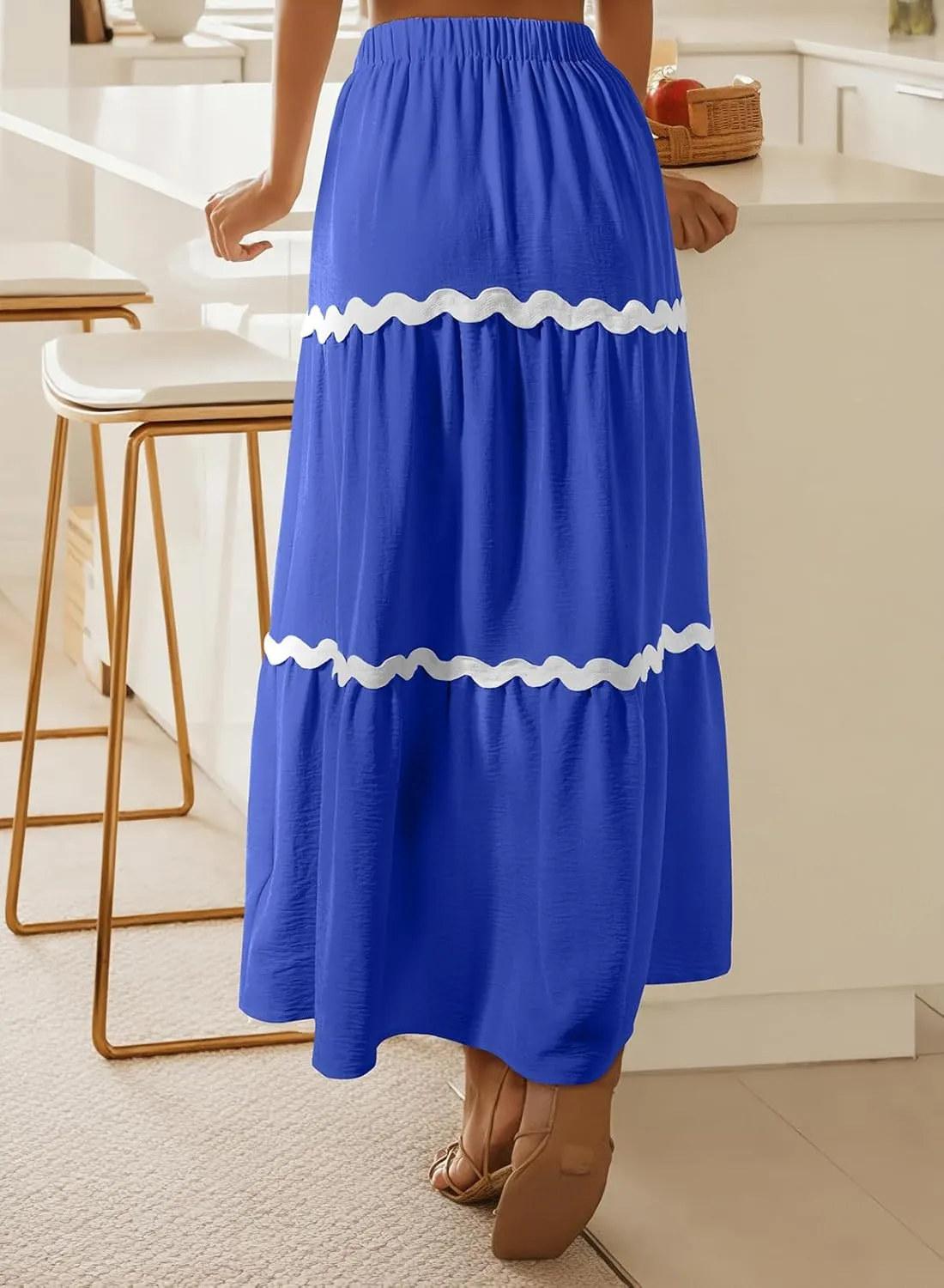 Happy Sailed Womens Boho Maxi Skirts Colorblock Wave Striped Elastic High Waist A Line Flowy Long Skirts with Pockets
