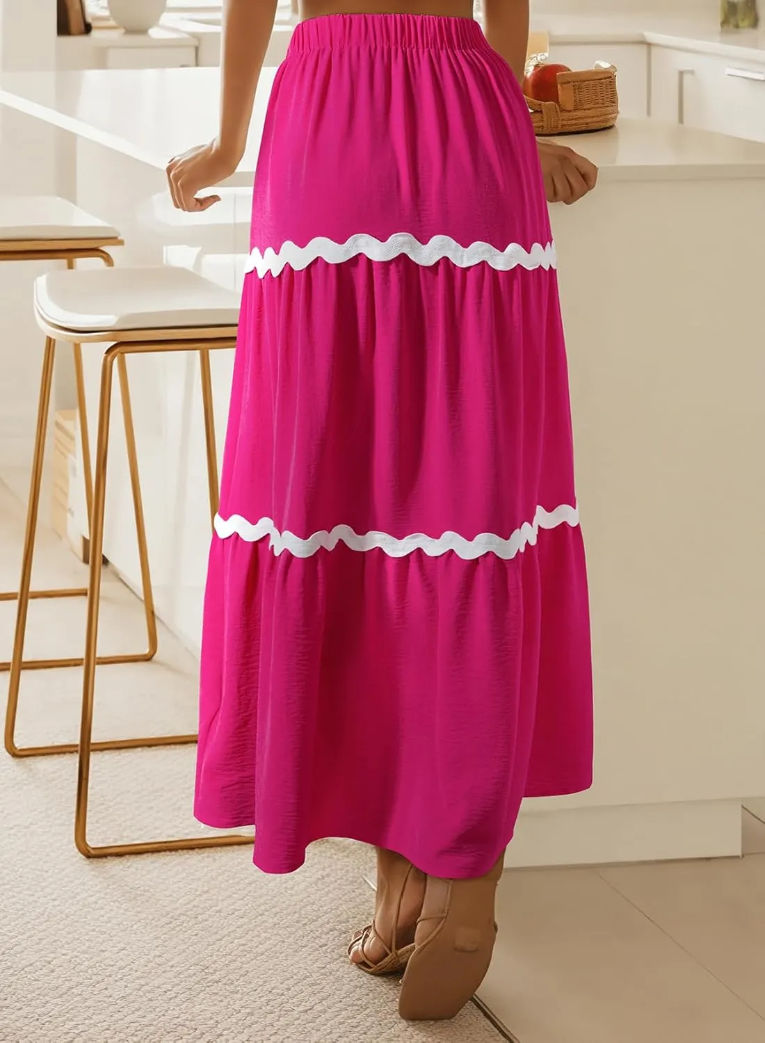 Happy Sailed Womens Boho Maxi Skirts Colorblock Wave Striped Elastic High Waist A Line Flowy Long Skirts with Pockets