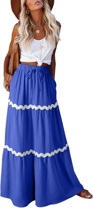 Happy Sailed Womens Boho Maxi Skirts Colorblock Wave Striped Elastic High Waist A Line Flowy Long Skirts with Pockets