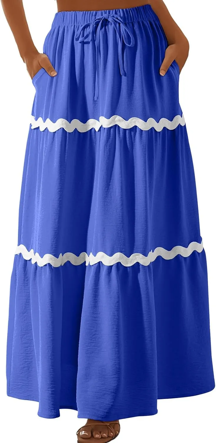 Happy Sailed Womens Boho Maxi Skirts Colorblock Wave Striped Elastic High Waist A Line Flowy Long Skirts with Pockets