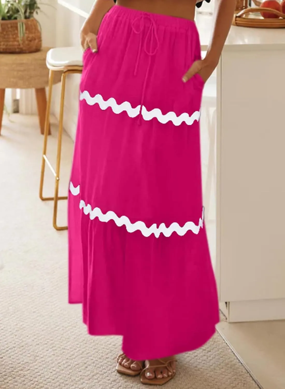Happy Sailed Womens Boho Maxi Skirts Colorblock Wave Striped Elastic High Waist A Line Flowy Long Skirts with Pockets