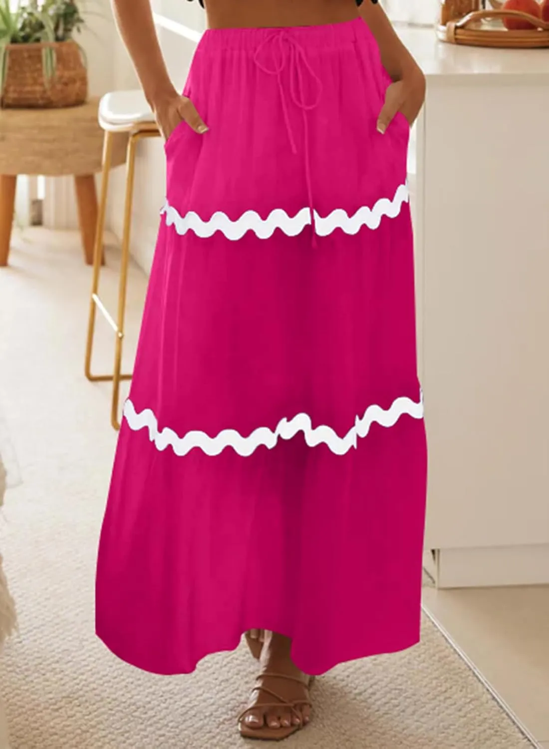 Happy Sailed Womens Boho Maxi Skirts Colorblock Wave Striped Elastic High Waist A Line Flowy Long Skirts with Pockets