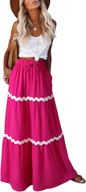 Happy Sailed Womens Boho Maxi Skirts Colorblock Wave Striped Elastic High Waist A Line Flowy Long Skirts with Pockets
