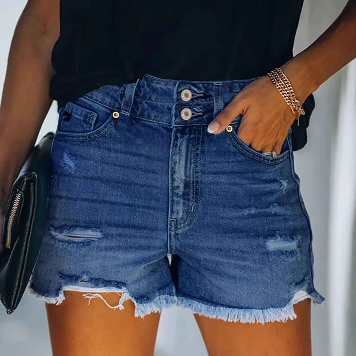 HGps8w Distressed Jean Shorts for Women Juniors Summer Casual Ripped Raw Hem High Waisted Stretchy Denim Shorts with Pockets