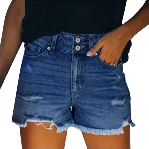 HGps8w Distressed Jean Shorts for Women Juniors Summer Casual Ripped Raw Hem High Waisted Stretchy Denim Shorts with Pockets