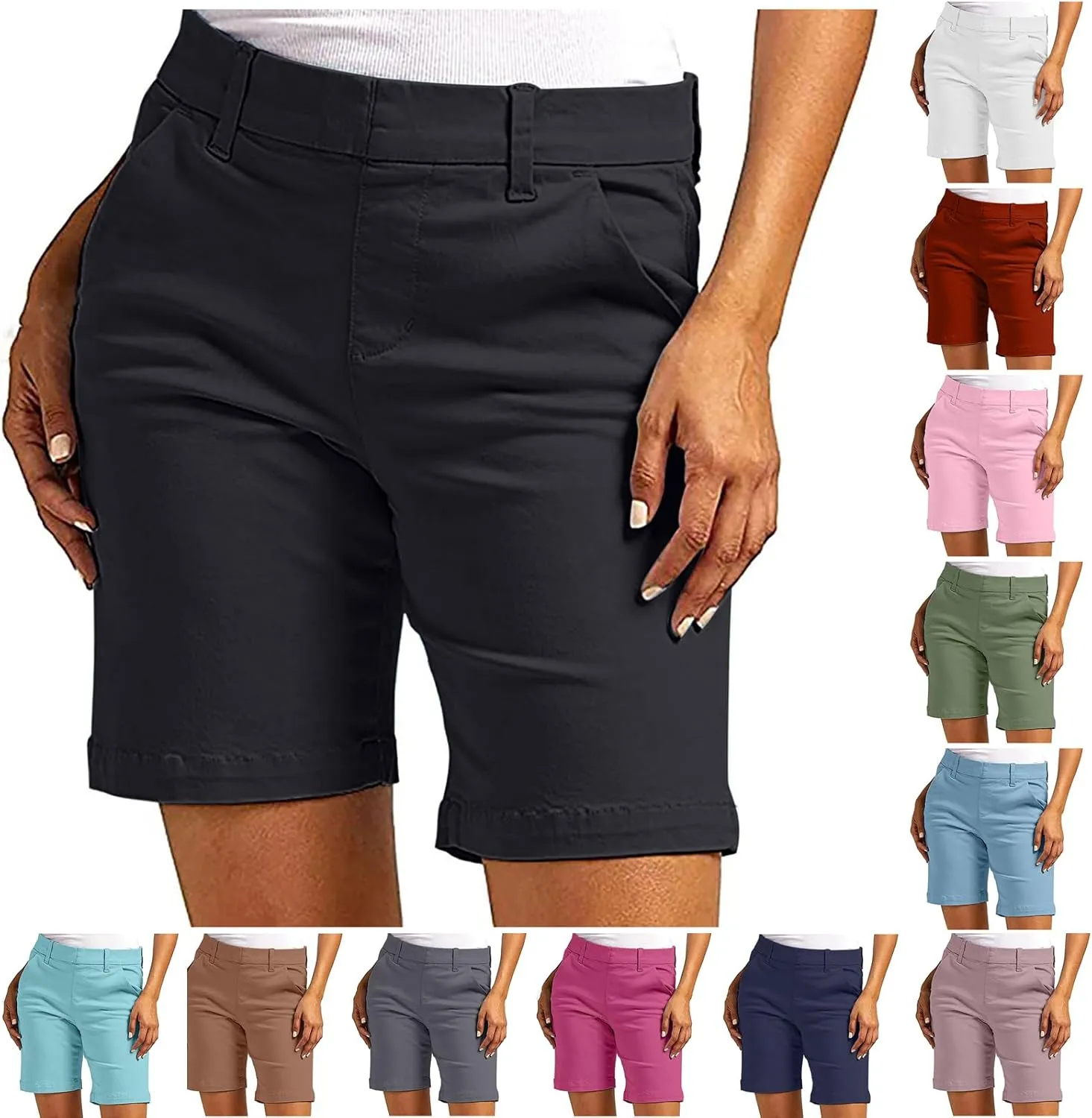 hlysgo Women Stretch Twill Shorts 2024 Summer Casual Slim Fit Hiking Shorts with Pockets High Waisted Pull On Chino Shorts