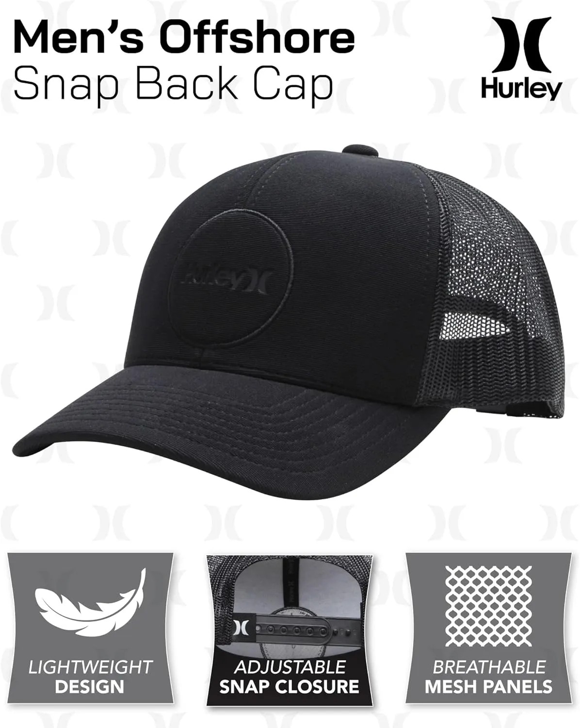Hurley Men’s Offshore Trucker Hat - Curved Brim Mesh Baseball Cap and Hats for Men with Adjustable Snapback Closure