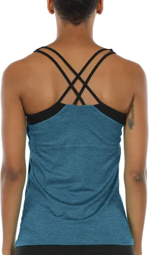icyzone Women's Activewear Workout Yoga Spaghetti Strap Racerback Tank Top with Built in Bra