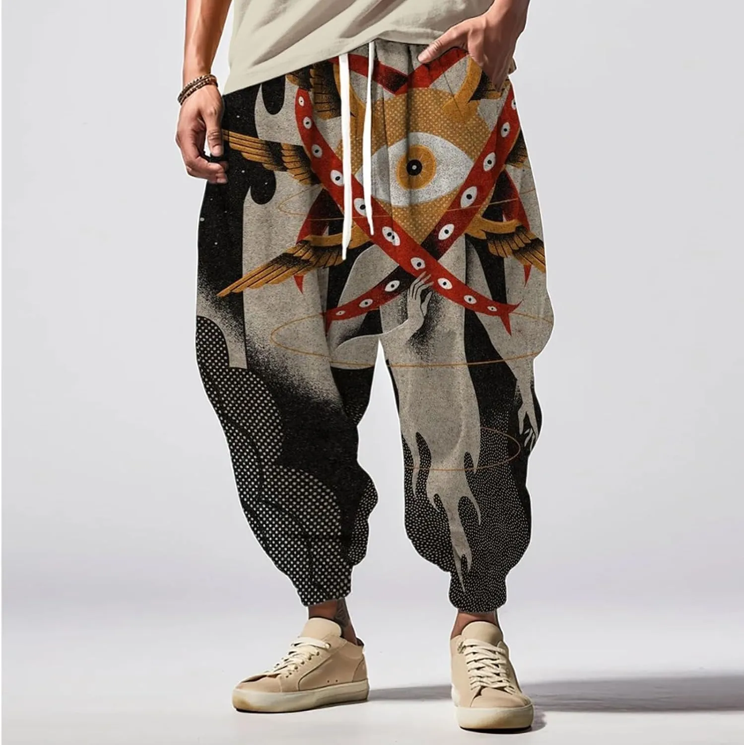 Japanese Pants Mens Joggers Fun Print Fashion Street Feel Sweatpants with Pockets Baggy Elastic Waist Novelty Pant