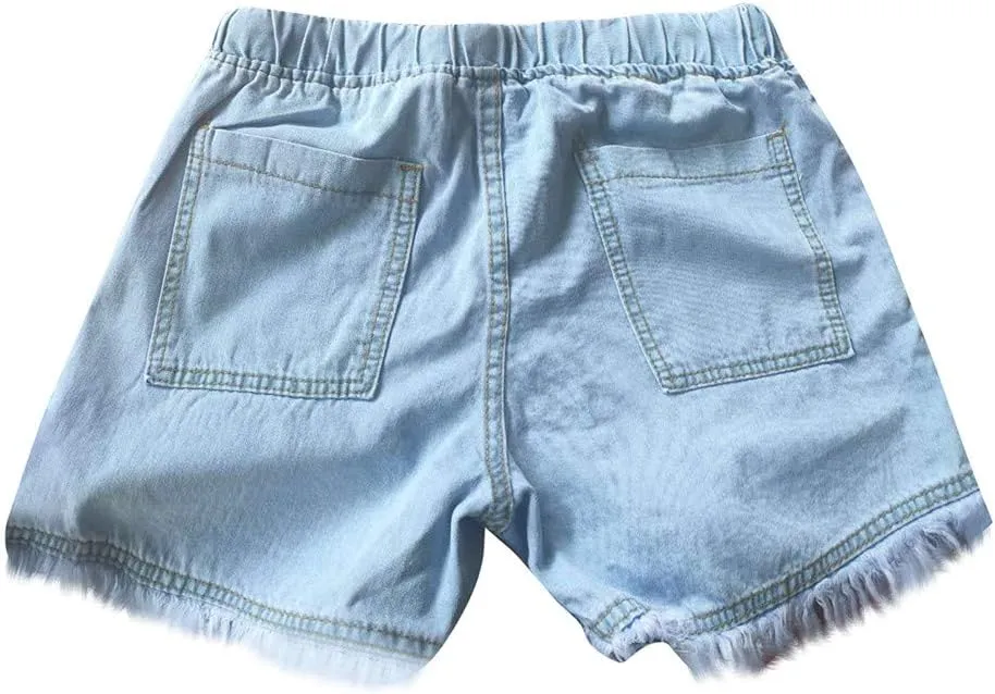 Jean Shorts Women High Waisted Stretchy Drawstring Denim Shorts Trendy Cut Off Frayed Hem Summer Shorts Pockets Flowy Shorts