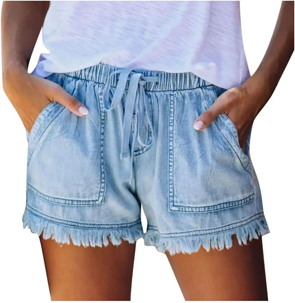 Jean Shorts Women High Waisted Stretchy Drawstring Denim Shorts Trendy Cut Off Frayed Hem Summer Shorts Pockets Flowy Shorts