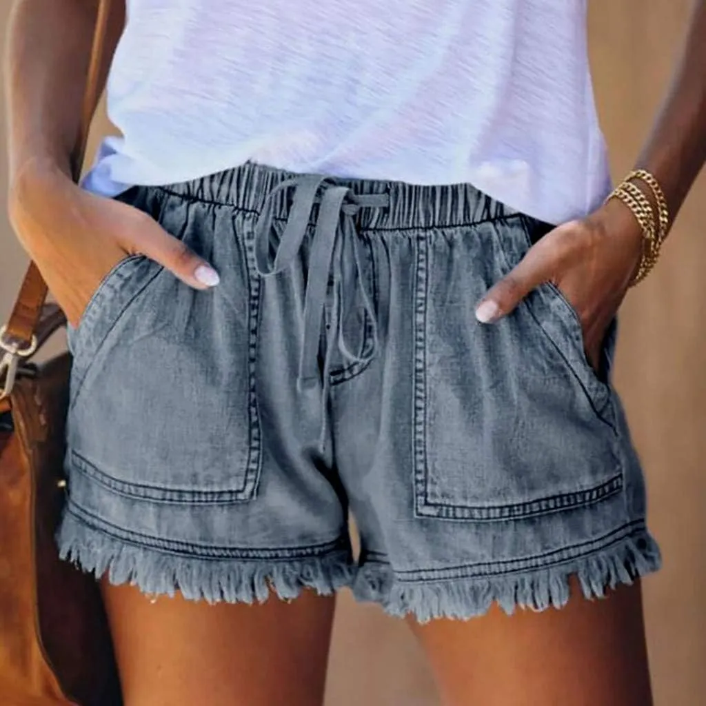 Jean Shorts Women High Waisted Stretchy Drawstring Denim Shorts Trendy Cut Off Frayed Hem Summer Shorts Pockets Flowy Shorts