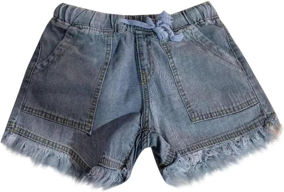 Jean Shorts Women High Waisted Stretchy Drawstring Denim Shorts Trendy Cut Off Frayed Hem Summer Shorts Pockets Flowy Shorts