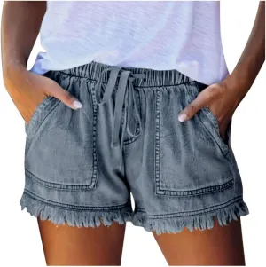 Jean Shorts Women High Waisted Stretchy Drawstring Denim Shorts Trendy Cut Off Frayed Hem Summer Shorts Pockets Flowy Shorts