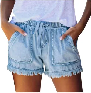 Jean Shorts Women High Waisted Stretchy Drawstring Denim Shorts Trendy Cut Off Frayed Hem Summer Shorts Pockets Flowy Shorts
