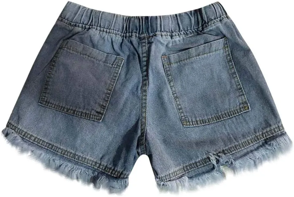 Jean Shorts Women High Waisted Stretchy Drawstring Denim Shorts Trendy Cut Off Frayed Hem Summer Shorts Pockets Flowy Shorts
