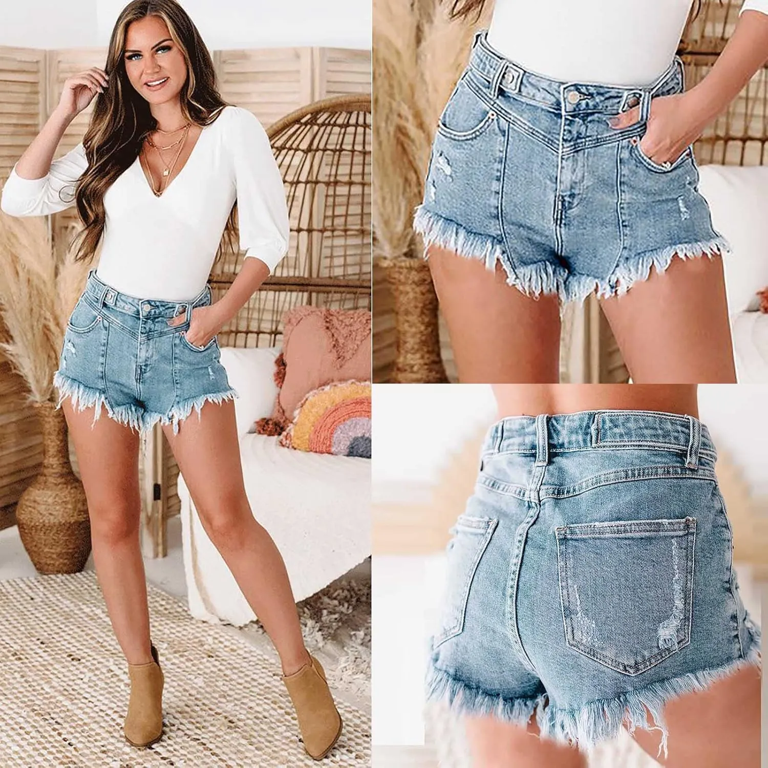 Jean Shorts Women Stretchy High Waisted Shorts Distressed Ripped Frayed Hem Denim Shorts Summer Jeans Hot Short Pants