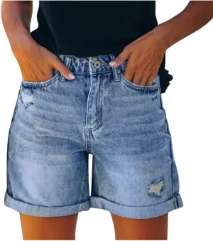 Jean Shorts Womens High Waisted Bermuda Shorts Petite Length Frayed Hem Denim Hot Pants Vacation Beach Shorts