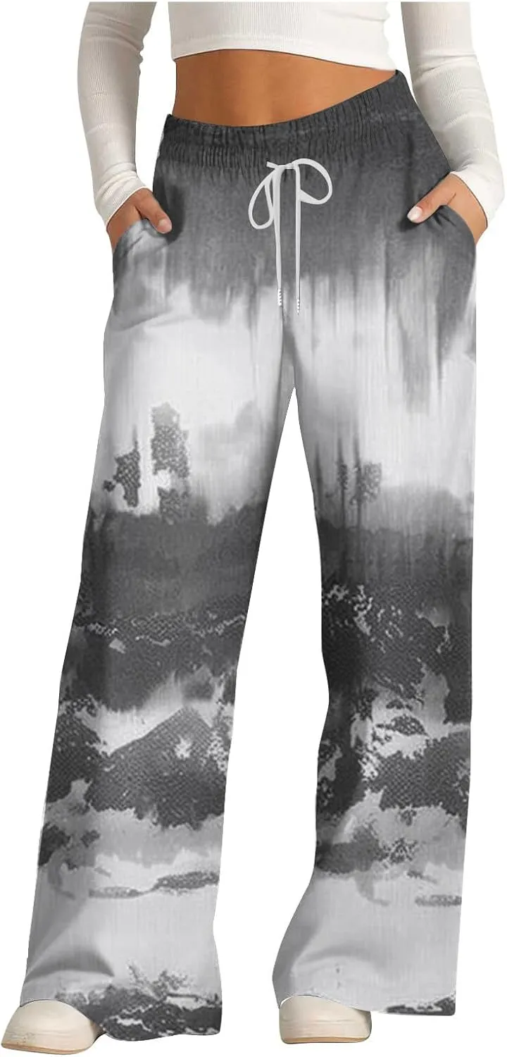 Ladies Print Pants Sweat Pants for Women Work Out Gym High Cut Flare Wide Leg Fall Summer 2025