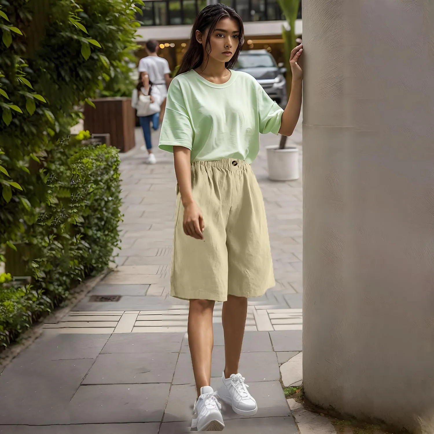 Linen Bermuda Shorts for Women 2025 Summer Casual Knee Lenght Pants Button Elastic Waist Wide Leg Capris with Pockets