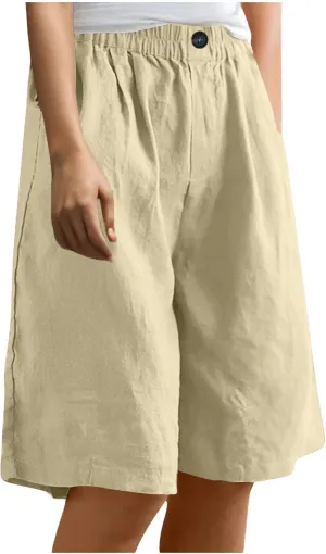 Linen Bermuda Shorts for Women 2025 Summer Casual Knee Lenght Pants Button Elastic Waist Wide Leg Capris with Pockets