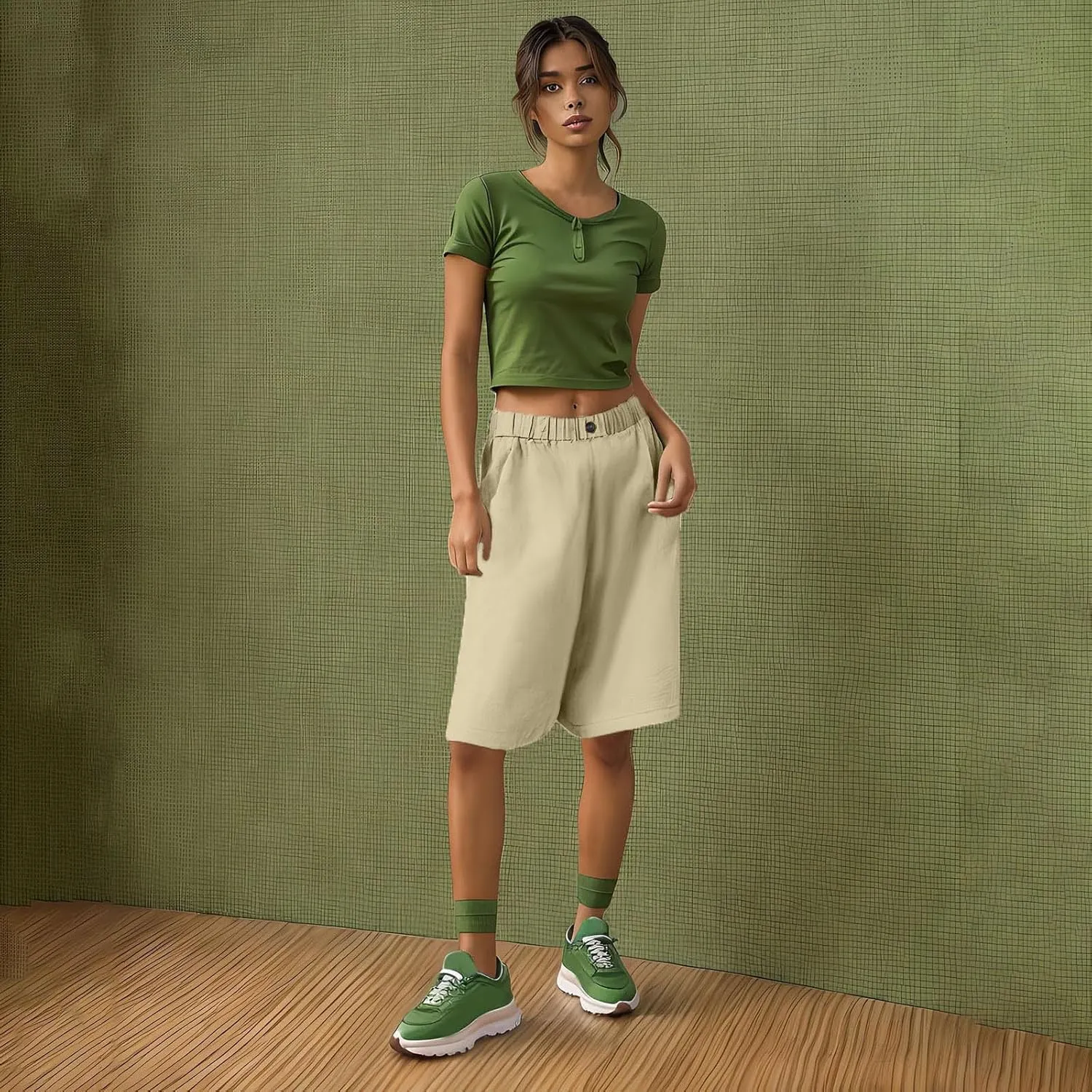 Linen Bermuda Shorts for Women 2025 Summer Casual Knee Lenght Pants Button Elastic Waist Wide Leg Capris with Pockets