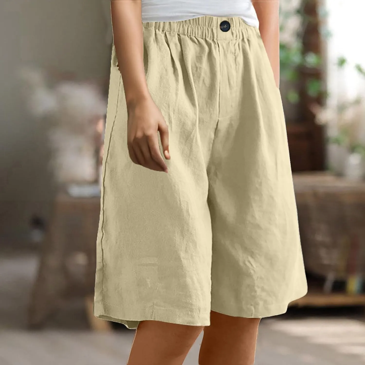 Linen Bermuda Shorts for Women 2025 Summer Casual Knee Lenght Pants Button Elastic Waist Wide Leg Capris with Pockets