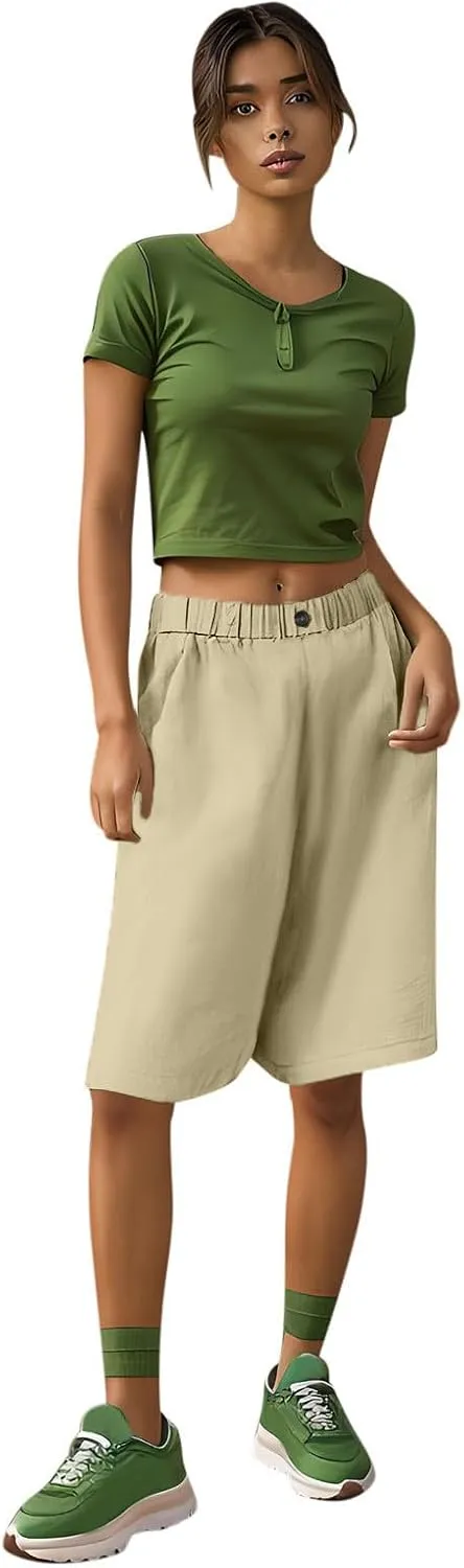 Linen Bermuda Shorts for Women 2025 Summer Casual Knee Lenght Pants Button Elastic Waist Wide Leg Capris with Pockets