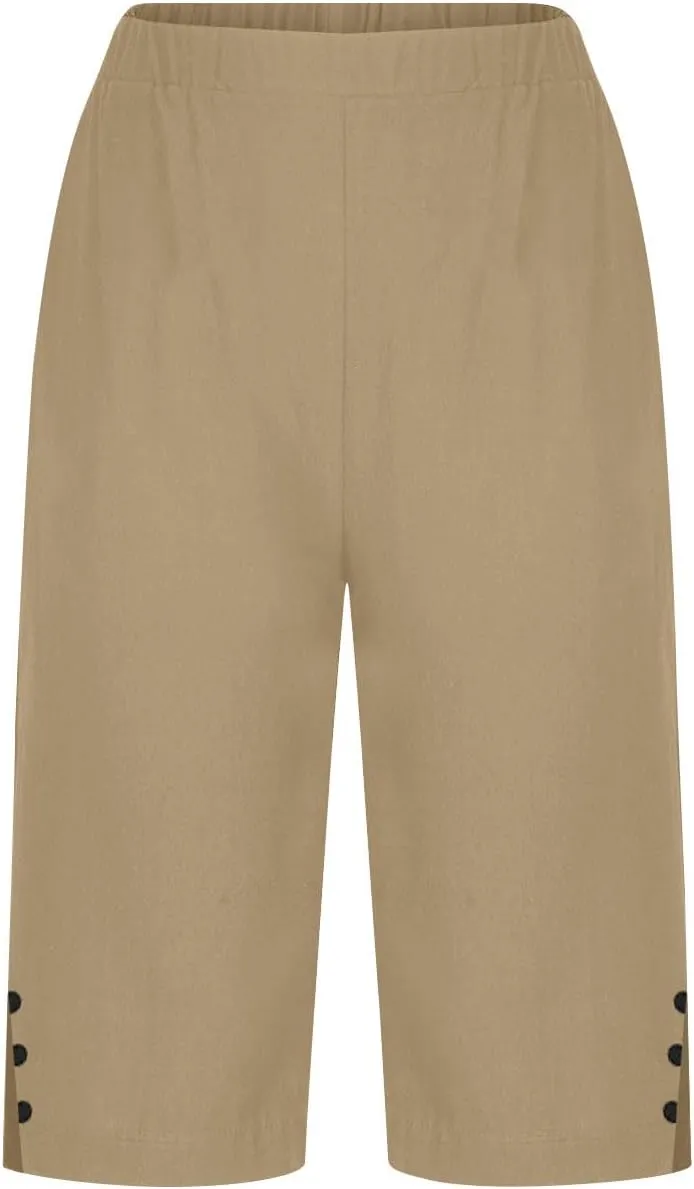 Linen Bermuda Shorts for Women Knee Length Casual Summer Linen Capri Pants Lightweight Beach Shorts with Pockets