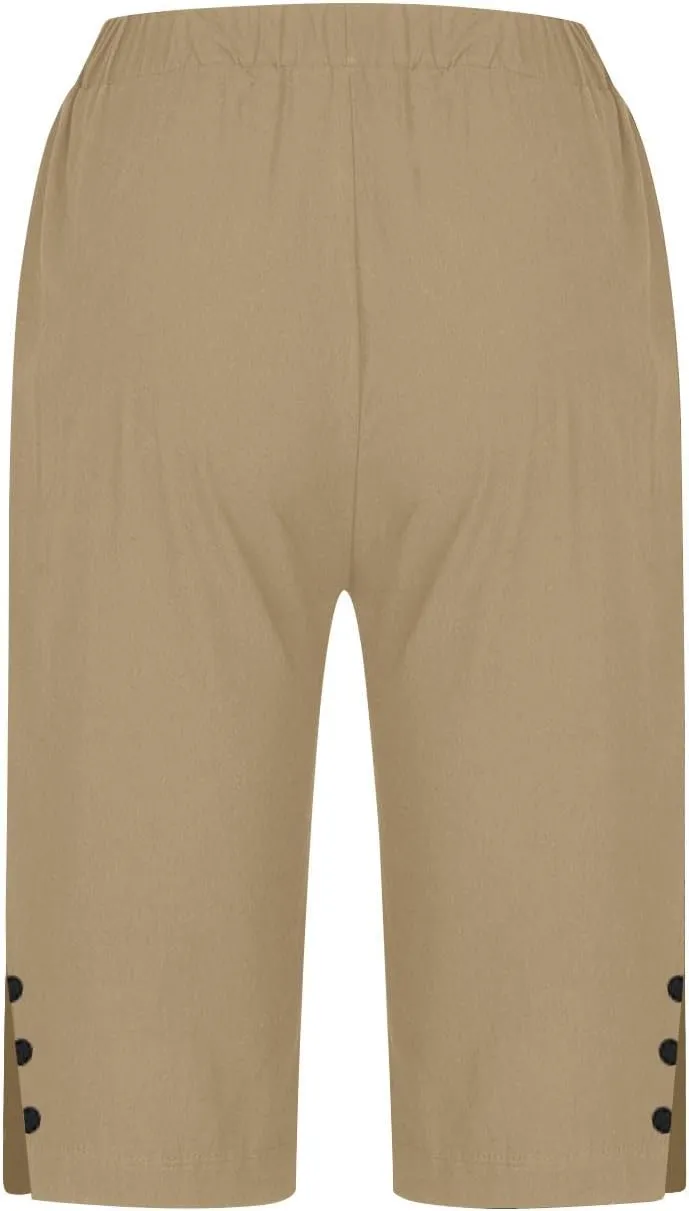 Linen Bermuda Shorts for Women Knee Length Casual Summer Linen Capri Pants Lightweight Beach Shorts with Pockets