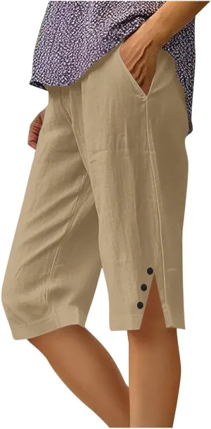 Linen Bermuda Shorts for Women Knee Length Casual Summer Linen Capri Pants Lightweight Beach Shorts with Pockets