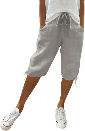 Linen Bermuda Shorts for Women Knee Length Elastic Waist Casual Shorts Loose Fit Comfy Linen Beach Pants with Pockets