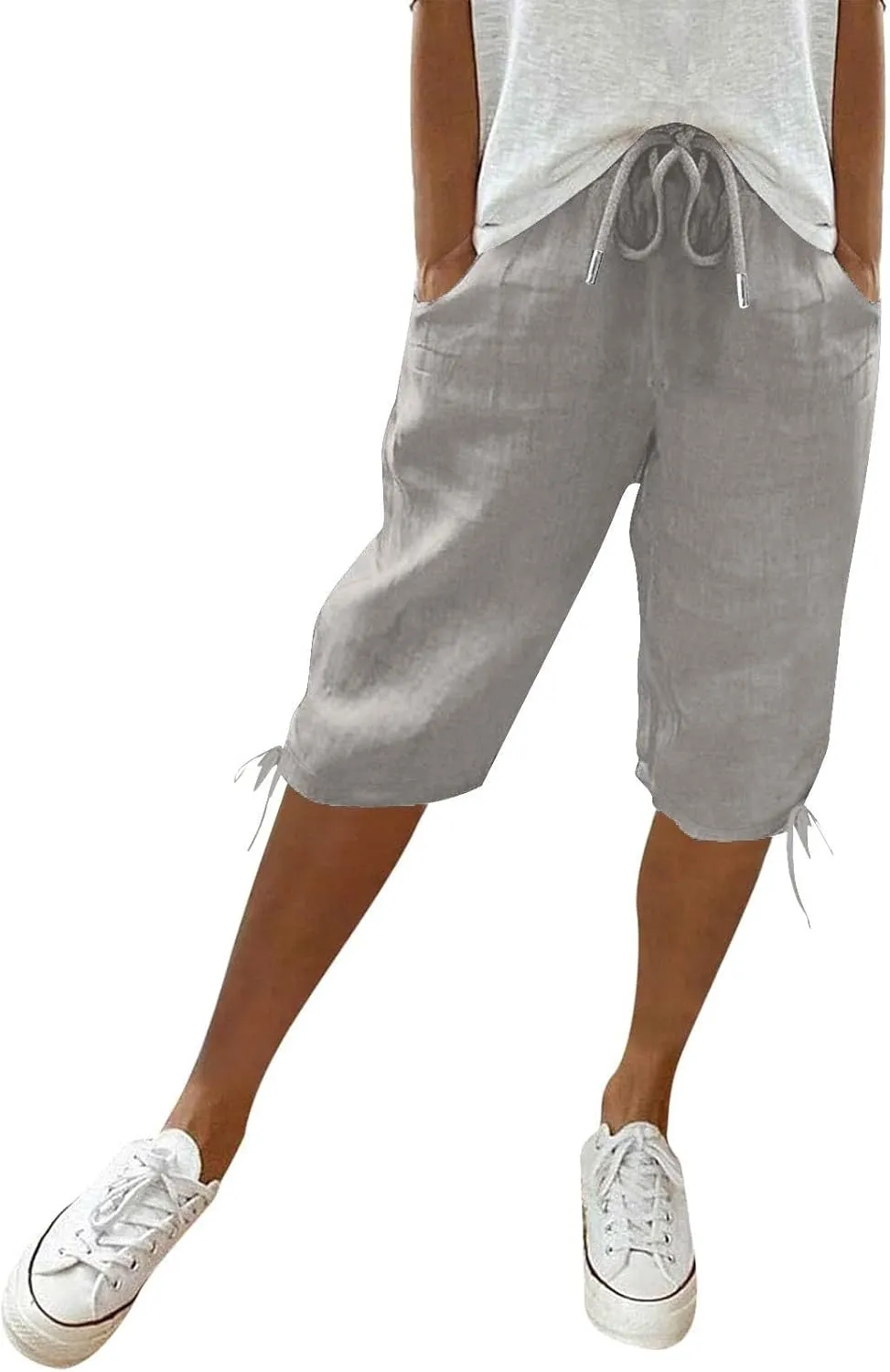 Linen Bermuda Shorts for Women Knee Length Elastic Waist Casual Shorts Loose Fit Comfy Linen Beach Pants with Pockets