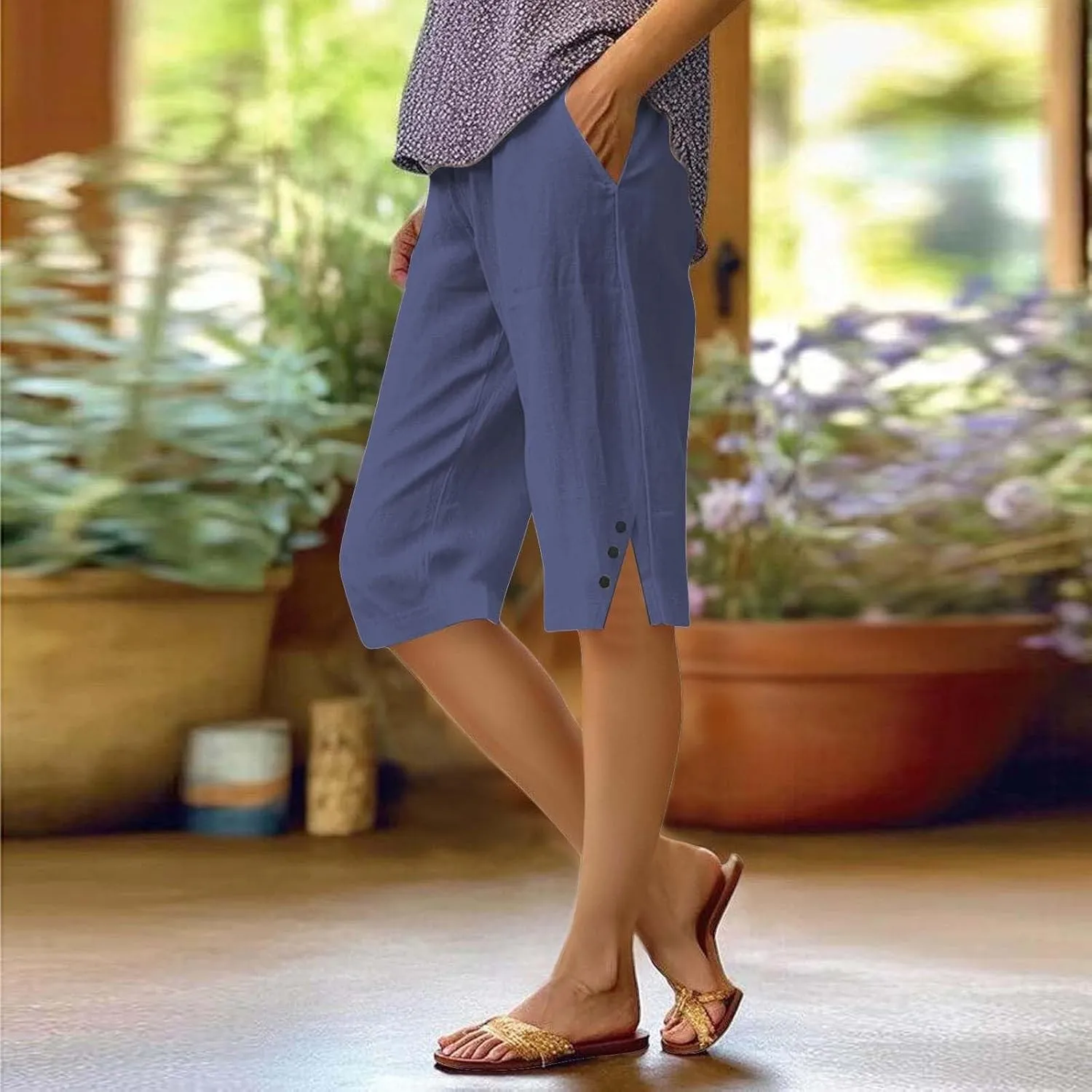 Linen Bermuda Shorts for Women Knee Length Lightweight Casual Capris Pants Ladies Summer Outfits with Pockets