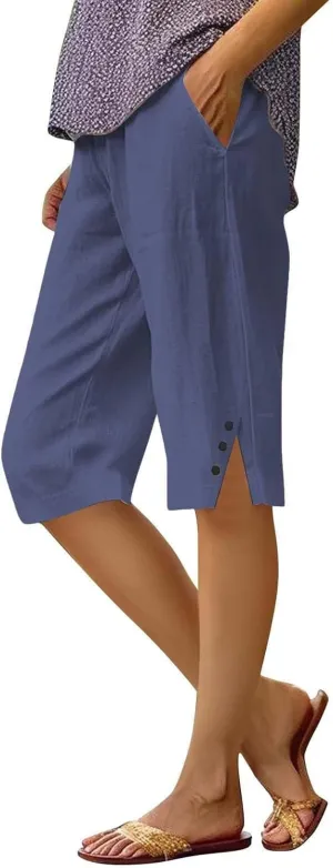 Linen Bermuda Shorts for Women Knee Length Lightweight Casual Capris Pants Ladies Summer Outfits with Pockets