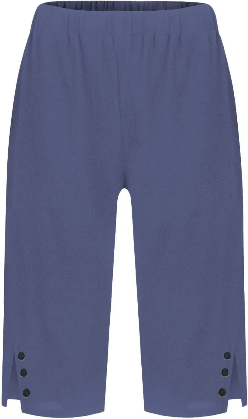 Linen Bermuda Shorts for Women Knee Length Lightweight Casual Capris Pants Ladies Summer Outfits with Pockets