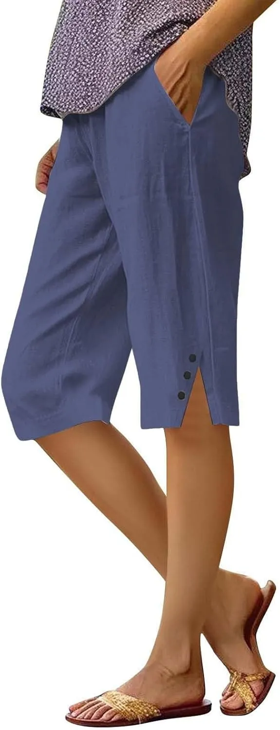 Linen Bermuda Shorts for Women Knee Length Lightweight Casual Capris Pants Ladies Summer Outfits with Pockets